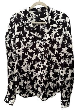 Karen Kane Black & White Floral Button-Up Blouse Career Office Sz L